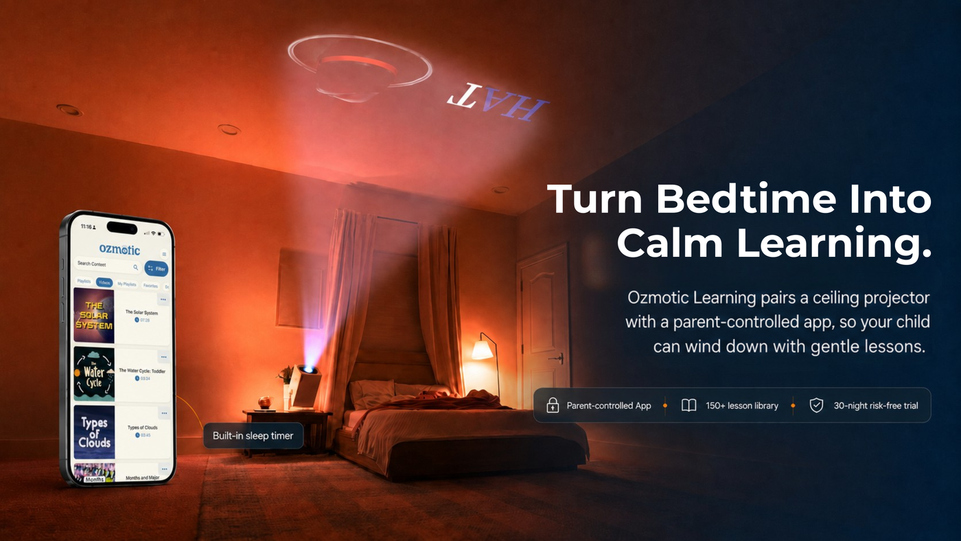 Ozmotic Learning bedtime projector showing calm projected learning in a child's bedroom