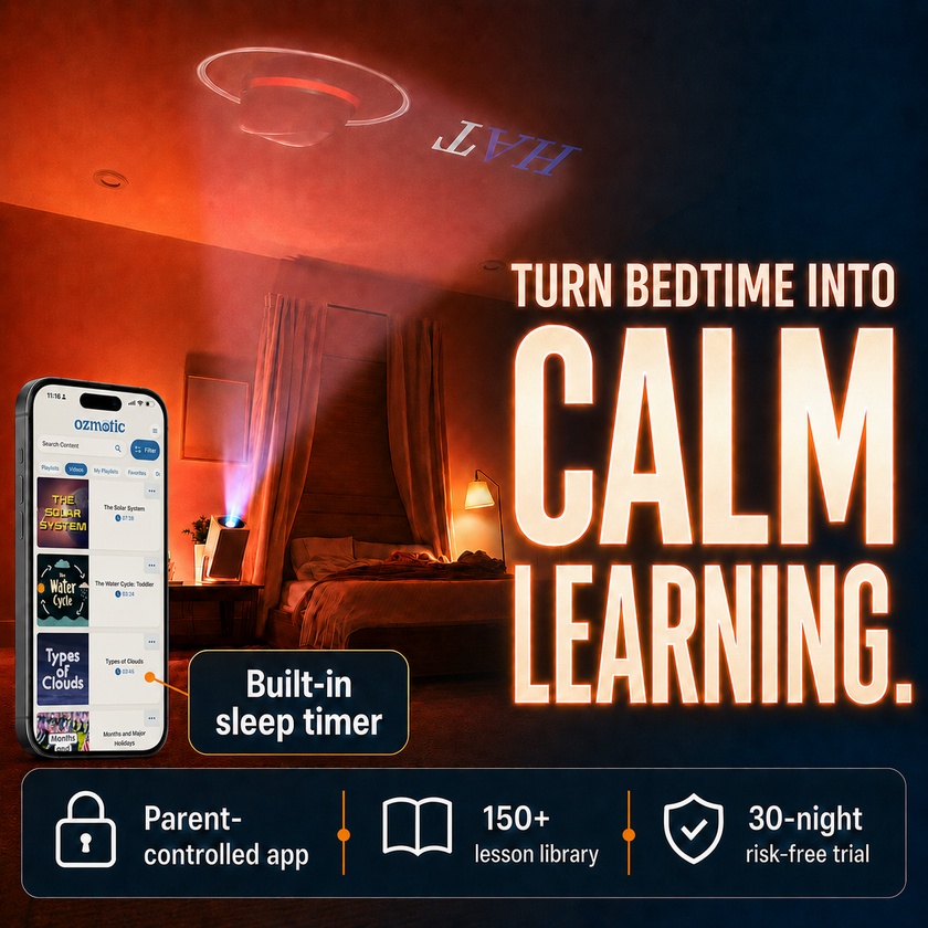 Ozmotic Learning bedtime projector showing calm projected learning in a child's bedroom