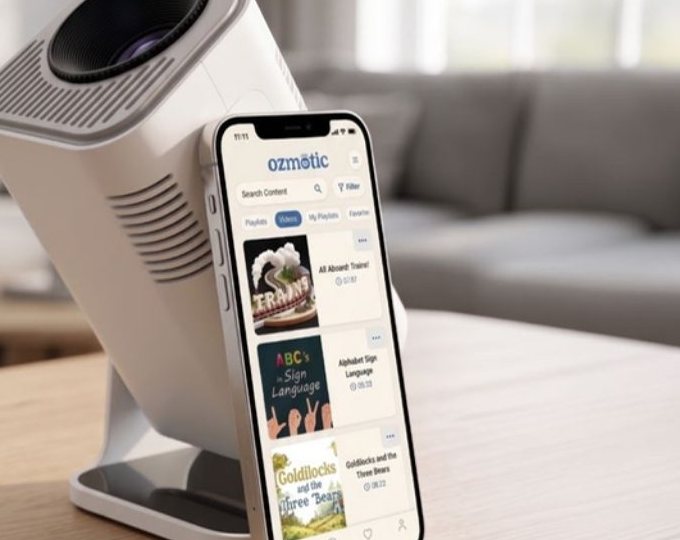 The Ozmotic projector beside a phone open to the lesson library